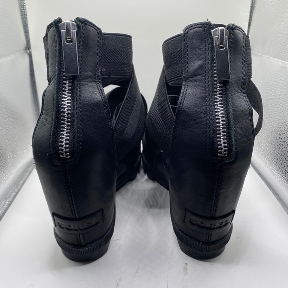 Sorel Joanie Black Elastic Wedge Sandals Women's Size 8 Zipper Strappy Ankle - Picture 5 of 10